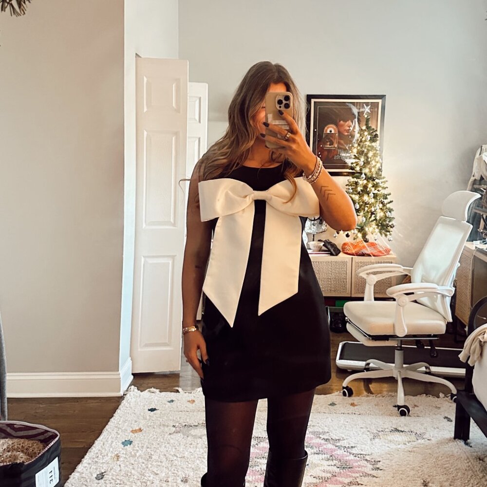 White Bow Black Mini Shift Dress